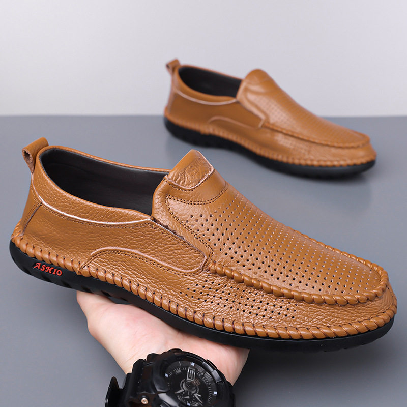 Dép sandal nam da bò thật thoáng khí lỗ rỗng, dép lê mùa hè gót thấp 1-3 cm — nâu, đen