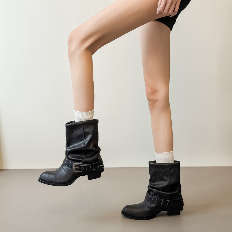 2026 New Style Women's Belt Buckle Short Boots, Pointed Toe Pleated High Heel Boots, Melard Boots, Jeans Tube Boots for Women 2026 New Style Women's Belt Buckle Short Boots, Pointed Toe Pleated High Heel Boots, Melard Boots, Jeans Tube Boots for Women