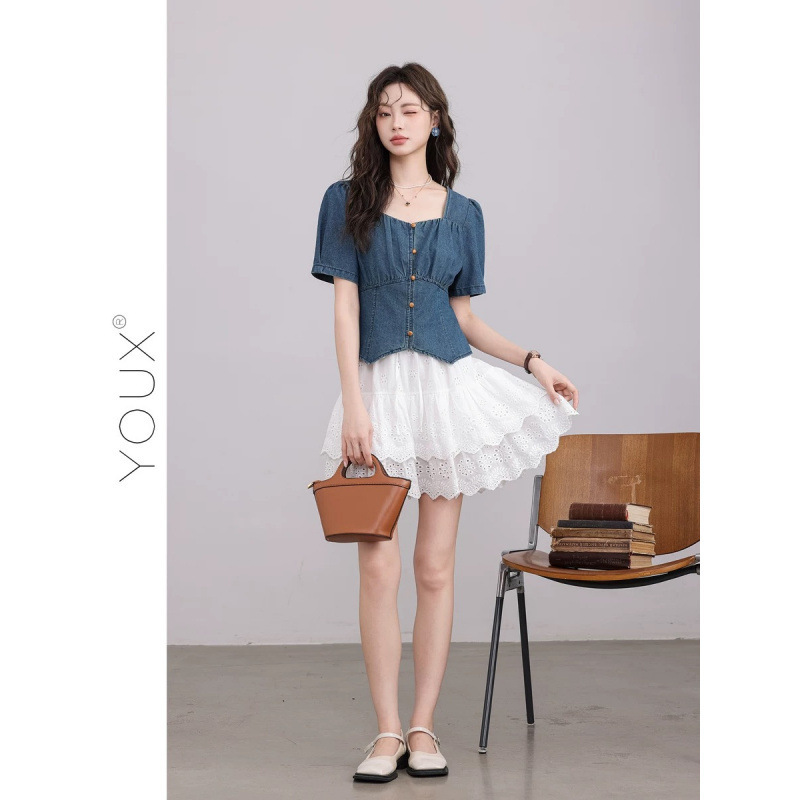 Youxiang's Unique and Beautiful Shirt Without Added Sugar, 2026 Summer New French Retro Denim Shirt for Women Youxiang's Unique and Beautiful Shirt Without Added Sugar, 2026 Summer New French Retro Denim Shirt for Women