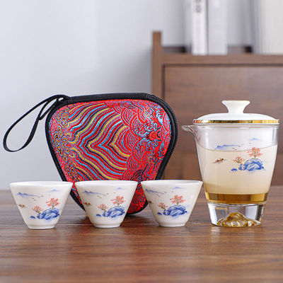 新款戶外旅行茶具套裝壹壺三杯便攜包玻璃快客杯陶瓷功夫茶具茶罐