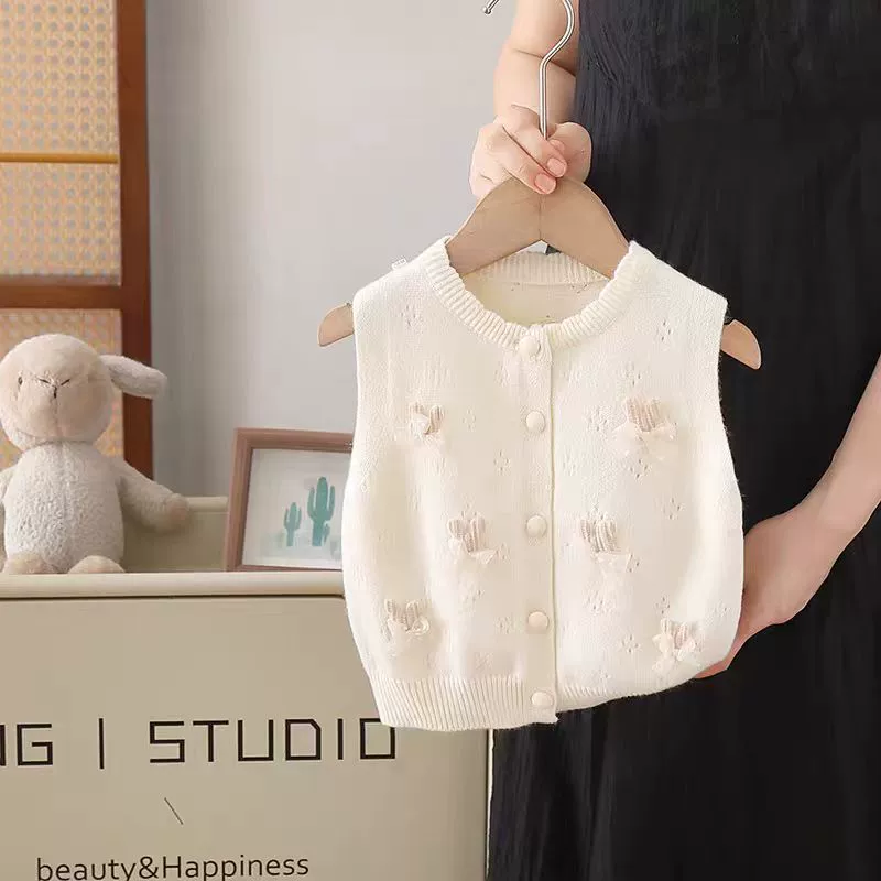 Children's sweater, knitted vest with bow girl's, demi-season cardigan, Korean style