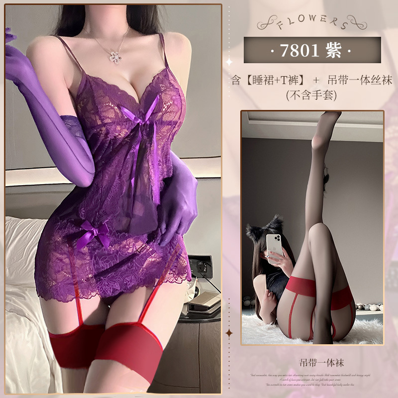 보라색 + 빨간색 가장자리 가터 스타킹