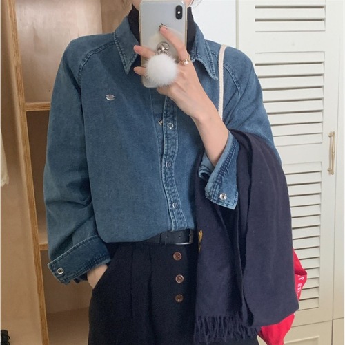 Korean style autumn and winter versatile casual loose single-breasted lapel thickened velvet lining washed denim long-sleeved shirt for women