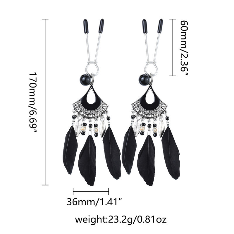 Vintage Metal Nipple Clamps with Feather Tassels, Bohemian Style Pair — detail image 8