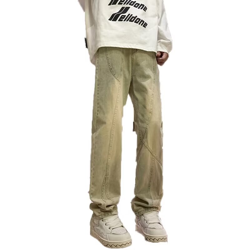 Pantalones retro estadounidenses, jeans teñidos de barro amarillo lavados de la marca de moda de la calle alta, jeans rectos delgados para hombres