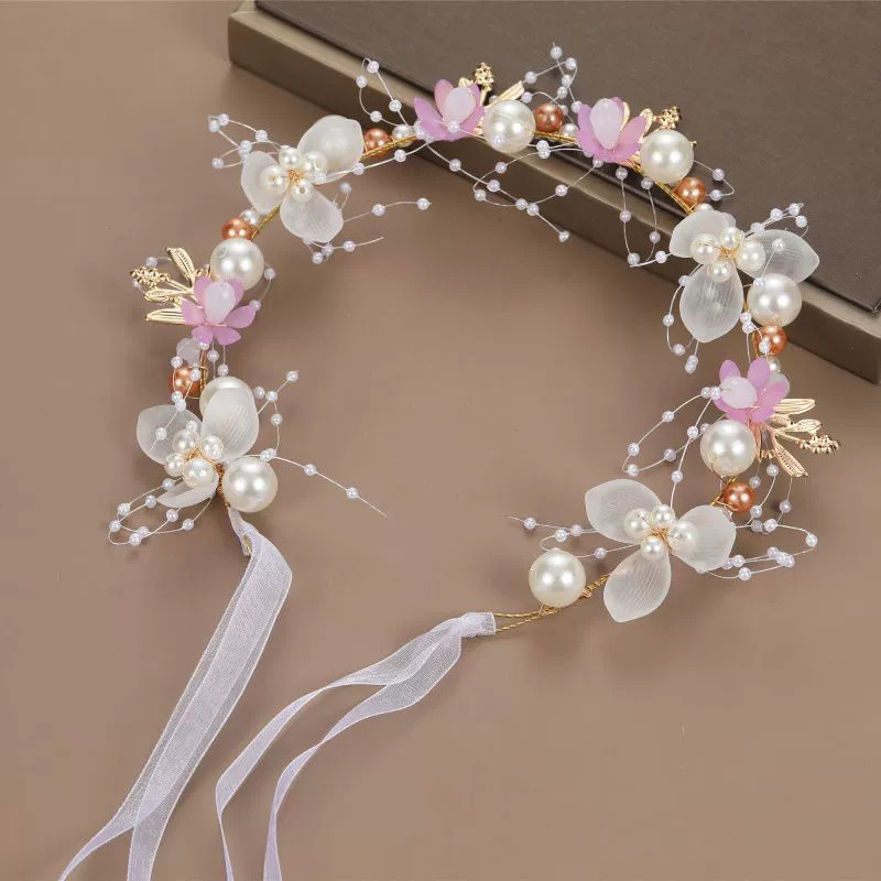 Diadema con corona de flores rosas estilo bosque, corona floral con perlas, corona nupcial, hermosa hecha a mano al estilo europeo. image 9