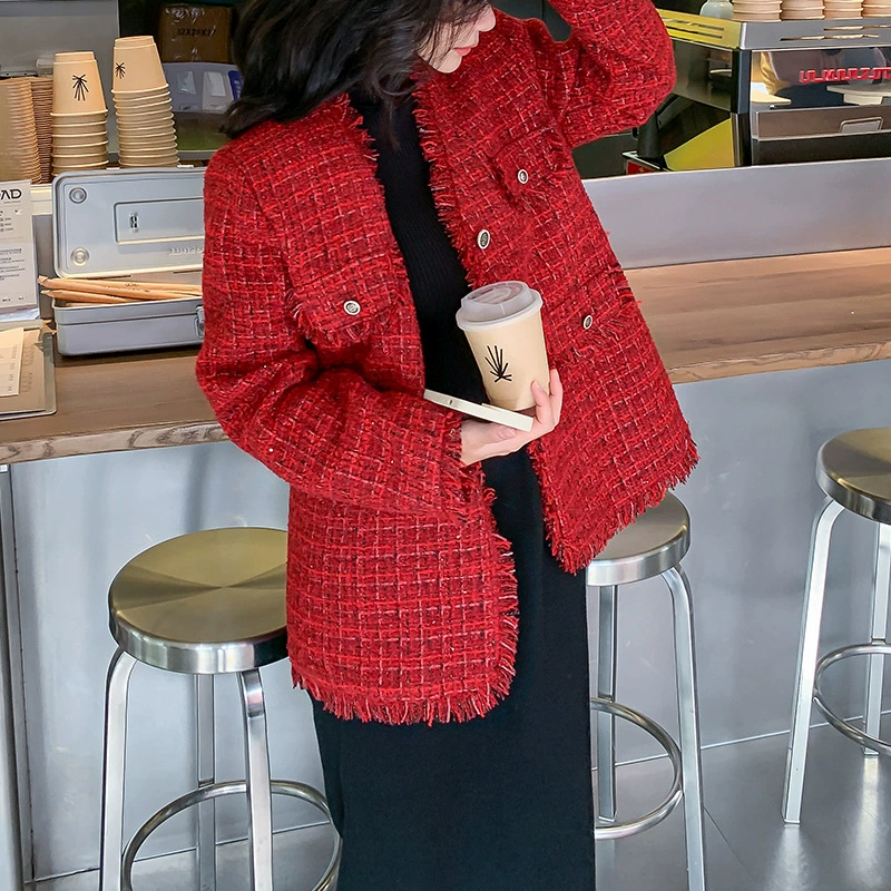 Demi-season red jacket, plus size, Chanel style, Korean style