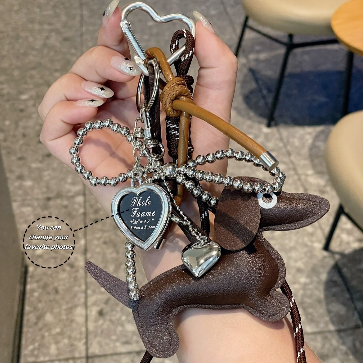 可爱腊肠狗挂件个性车钥匙扣包包挂件编织挂绳挂饰爱心相框钥匙圈