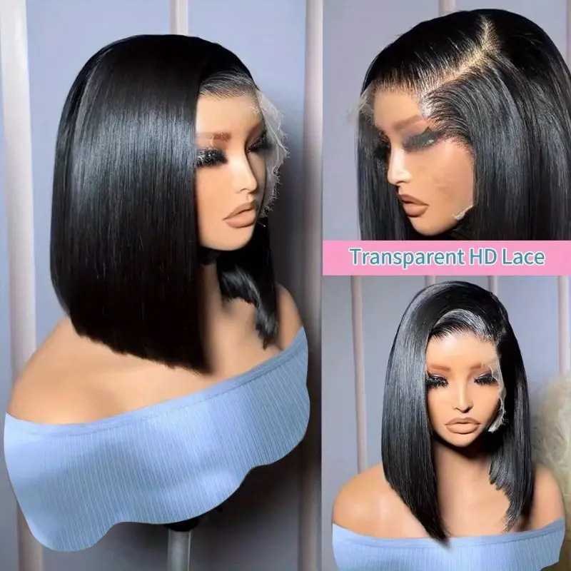Cross-Border Temu Hot-Selling 13*4 High-Definition Transparent Short Straight Hair Front Lace Bob Wig Synthetic Fiber Full Wig Manufacturer