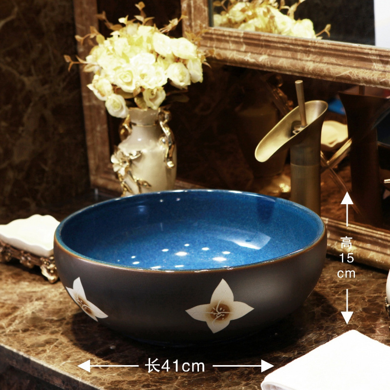 Ceramic Countertop Wash Basin Single Basin Retro Style Round Bathroom Art Basin Antique Art Wash Basin Home