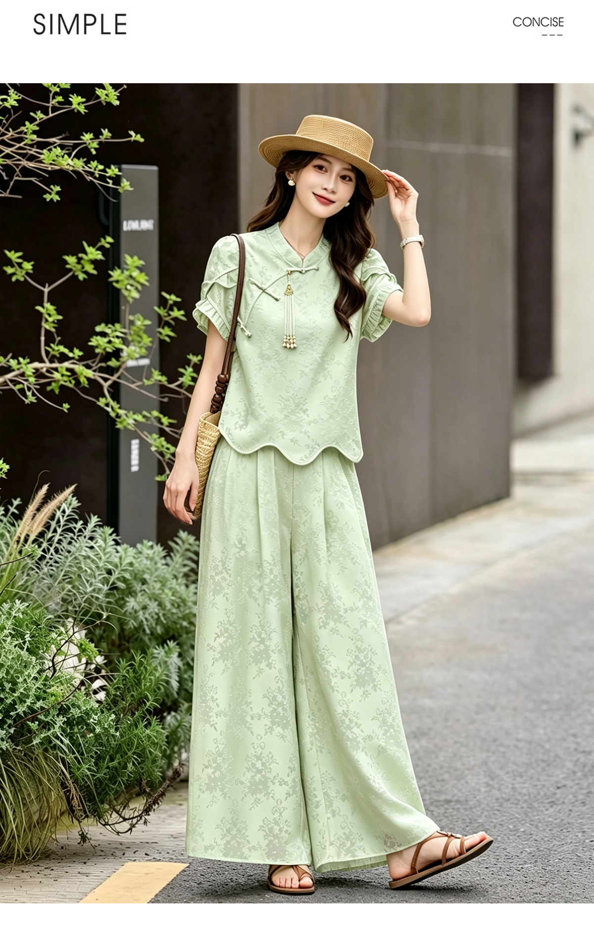 Bộ áo sơ mi họa tiết jacquard kết hợp quần ống rộng cạp thun hai mảnh thời trang — Vàng kem, xanh lá cây chi tiết 13