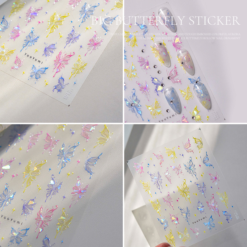 Red Mariposa Roja Etiqueta de uñas de cristal diamante Delgado resistente hueco alivio mágico color Aurora Cristal Diamante Blanco hilo Hielo Mariposa joyería de uñas