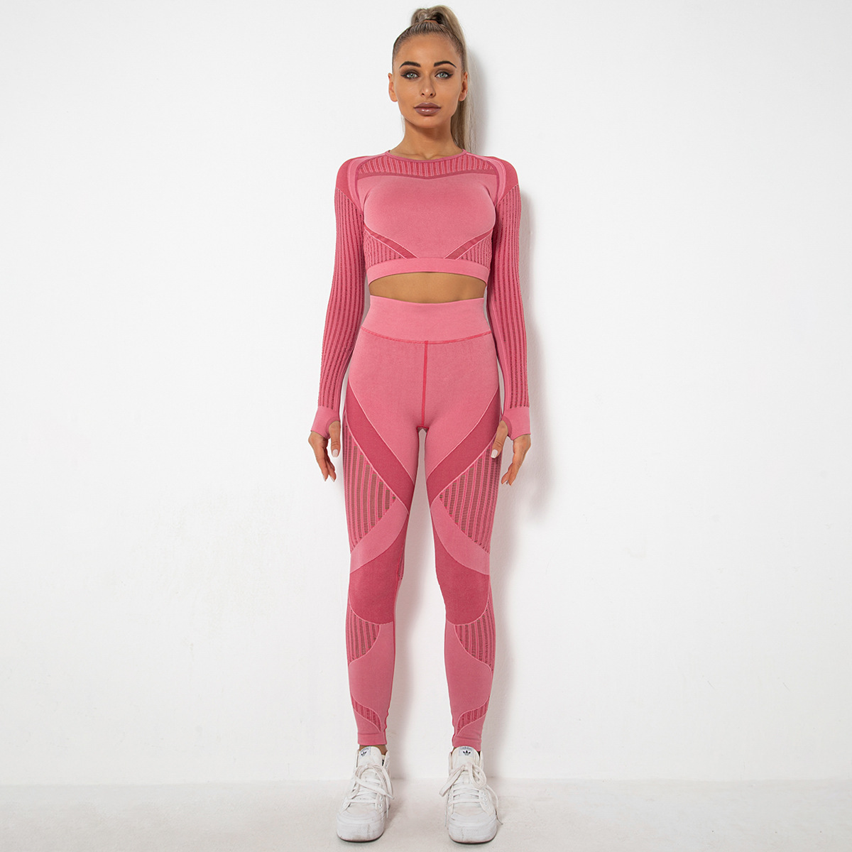¡En stock! Europeo y americano sin costuras hueco-fuera de absorción de humedad de yoga traje de manga larga ropa de yoga deportes fitness correr pantalones de yoga para mujeres