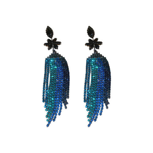 Silver needle European and American exaggerated blue diamond geometric flower tassel earrings personality cold style earrings fashion earrings for women
