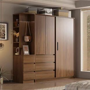 Oak Wardrobe Sliding Door Bedroom Household Full Log Solid Wood Nordic New Walnut Color Furniture Sliding Door Cabinet