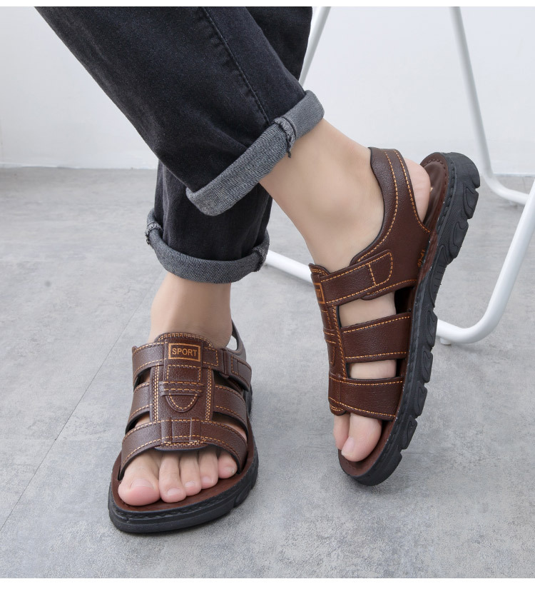 Men’s Adjustable Hook Loop Two-Wear Casual Sandals, Thick Non-Slip Rubber Sole Walking Slide_vogvips.com