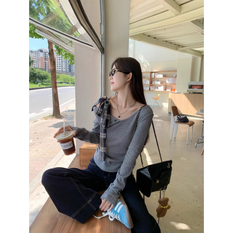 法式高级感灰色一字肩时尚打底衫秋季甜辣露肩蝴蝶结独特别致上衣|undefined