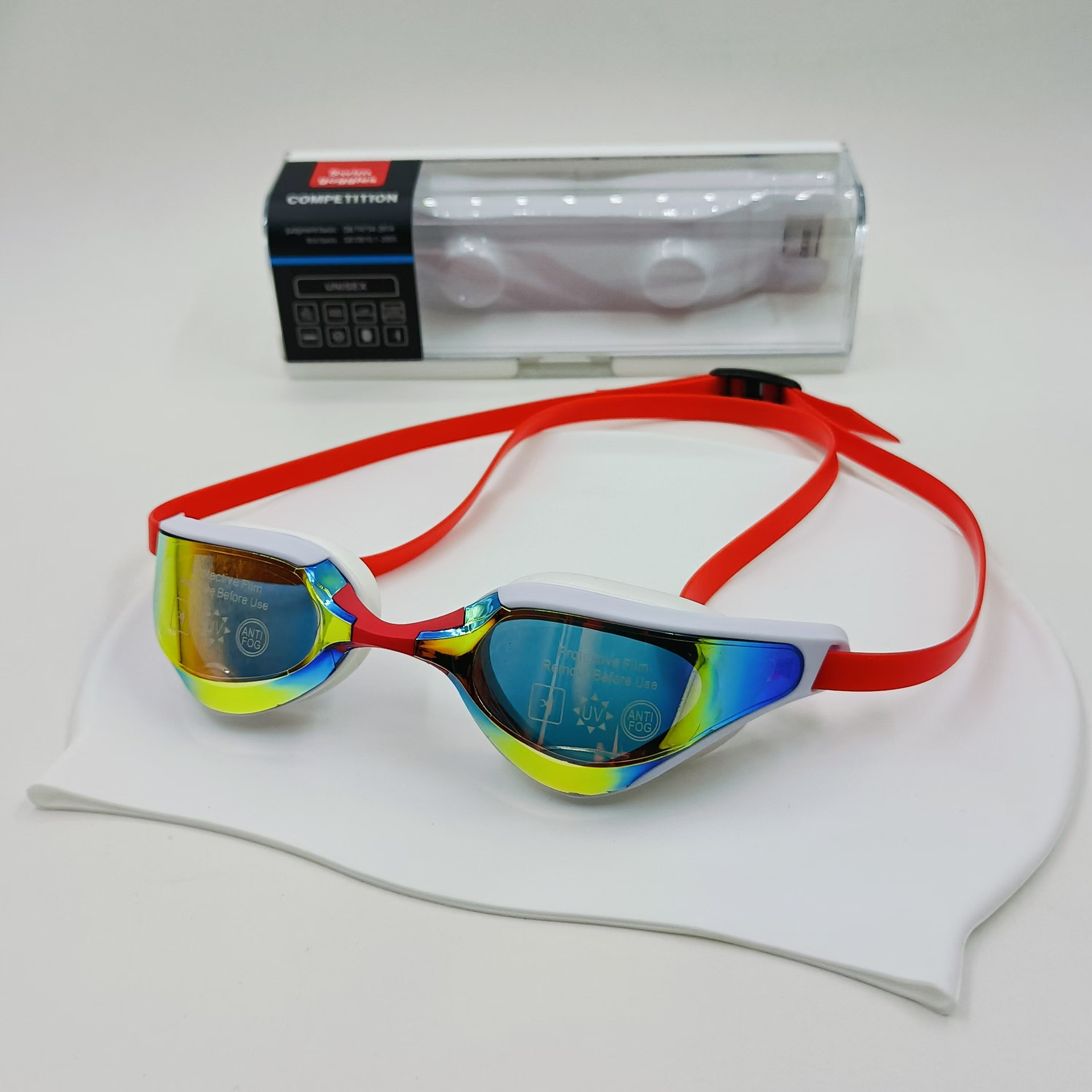 빨간색과 흰색 수영 고글 + 흰색 수영 모자