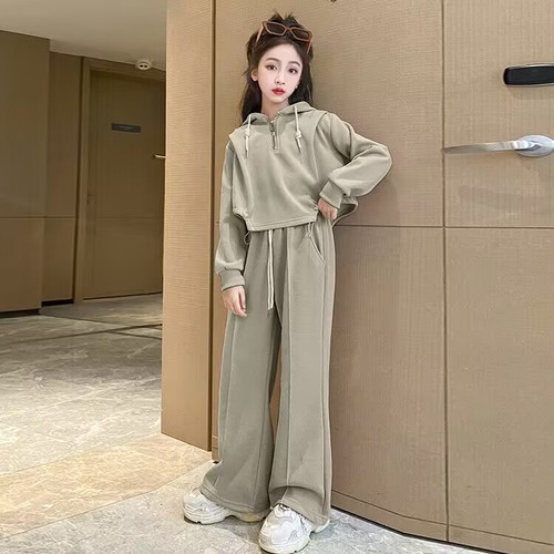 Girls' Autumn Hooded Sweatshirt Suit Girls Fashionable Straight Leg Wide Leg Pants Older Children's Autumn Korean Style Two-piece Set