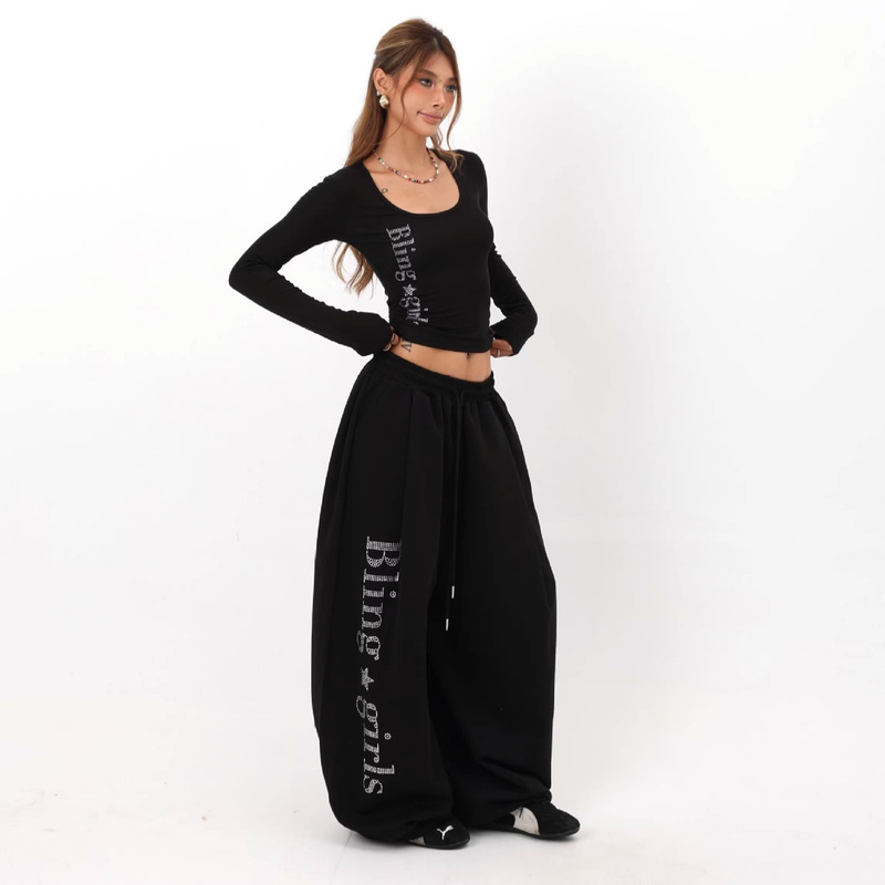 American Minimalist Style Black Wide-Leg Casual Rhinestone Embellished Women's Loose-Fitting Floor-Length Drawstring Relaxed Sweatpants Dance Sports Pants