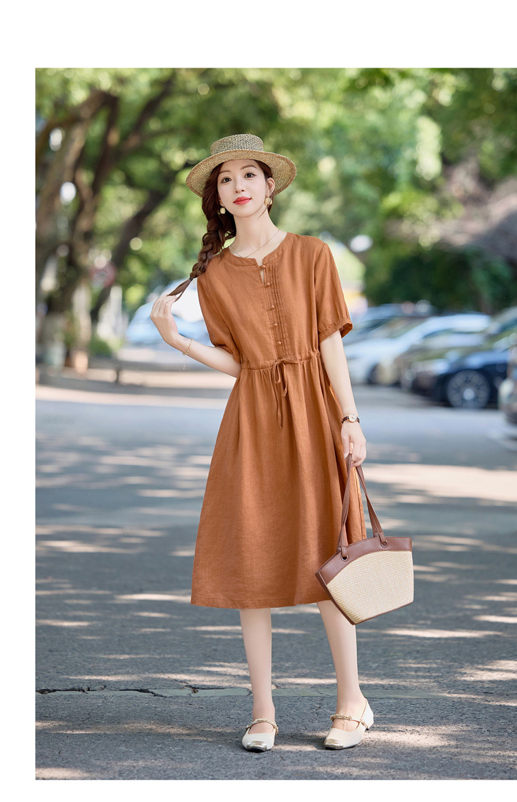 Đầm maxi nữ thắt eo cotton linen 2025 form rộng thanh lịch — màu sắc, Xanh lông mòng đen chi tiết 15