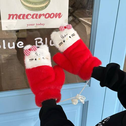 Adorable Cat Pattern Gloves for Women - 2025 New Winter Model, Student Outdoor Cycling Windproof, Coldproof, Warmth-retaining Fully Fleece Gloves