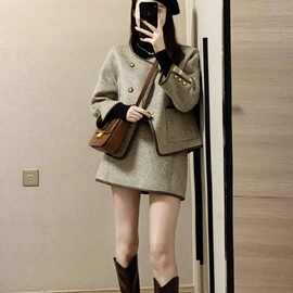 大码胖秋冬感名媛气质小香风毛呢外套+半身裙两件套女斤