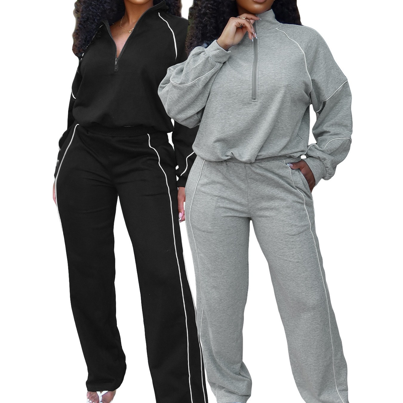 Hr25051 European and American Fashion Women's Elastic Buckle Waist Stripesd Half-Cardigan Sweatshirt Straight Sweatpants Two-Piece Set