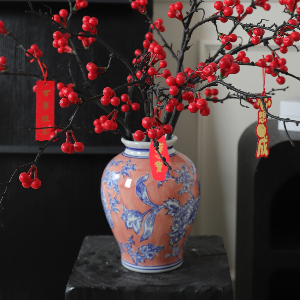 Flores de porcelana azul, flores de cerámica de alto nivel, estilo chino antiguo, retro, botella de granada de color rojo, granada de abdomen grande, Año Nuevo
