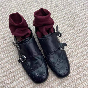 Sheepskin Version ~ Flat Comfortable Loafers Women's Vintage Carved Belt Buckle Square Toe Single-layer Shoes Genuine Leather Joker Small Leather Shoes