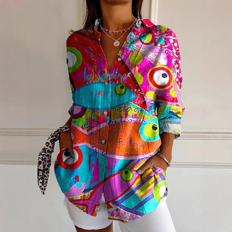 2025 New Women's Long Shirt Women's Summer European and American Trendyy Long-Sleeved Shirt Flower Pattern Printed 3D Shirt