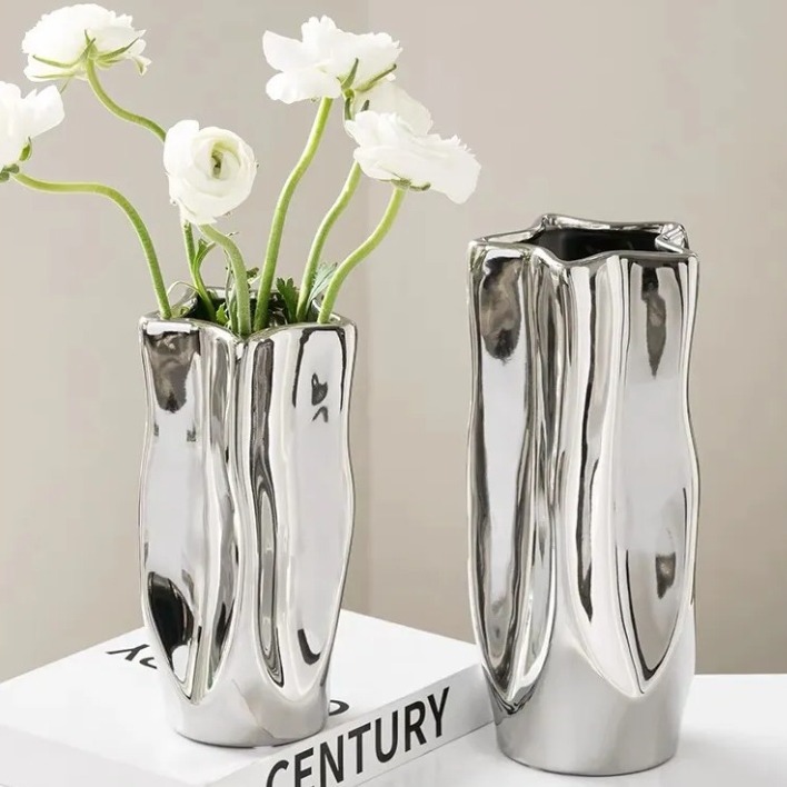 Nordic Light luxury creative electroplating silver star vase hydroponic flower ceramic flower arrangement model room decoration ornaments