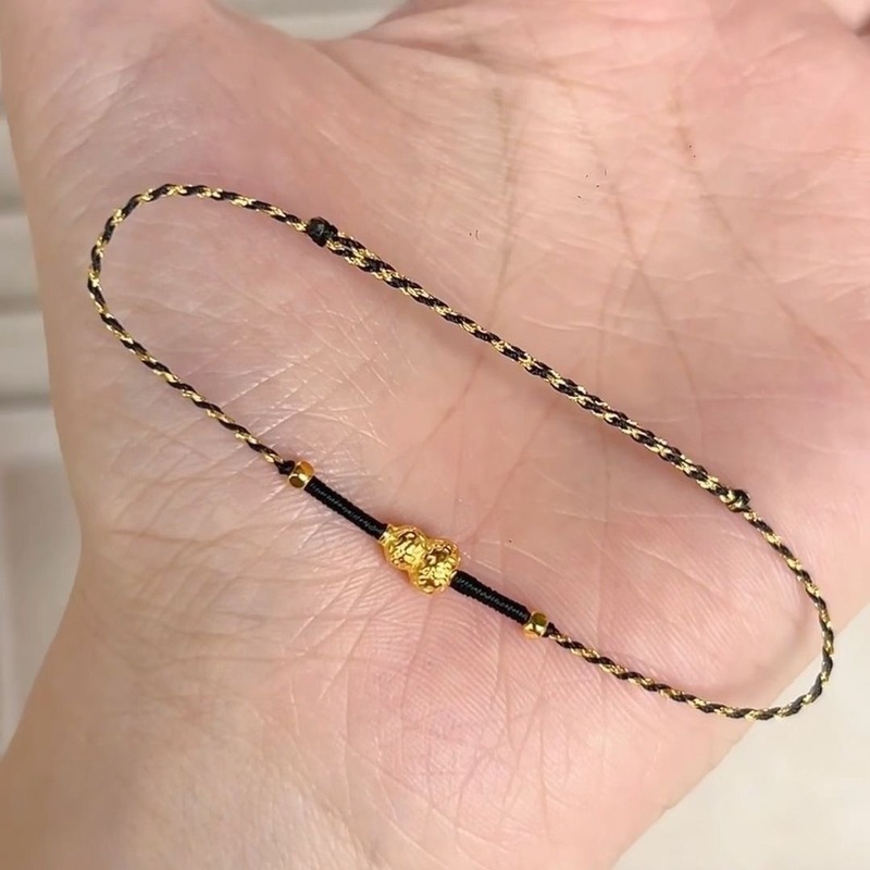 富と幸運を引き寄せる金メッキのブレスレット、小さなひょうたん、オシドリカラーの編み込みブレスレット、引き出し可能な手織りの赤と緑のロープの気質|undefined