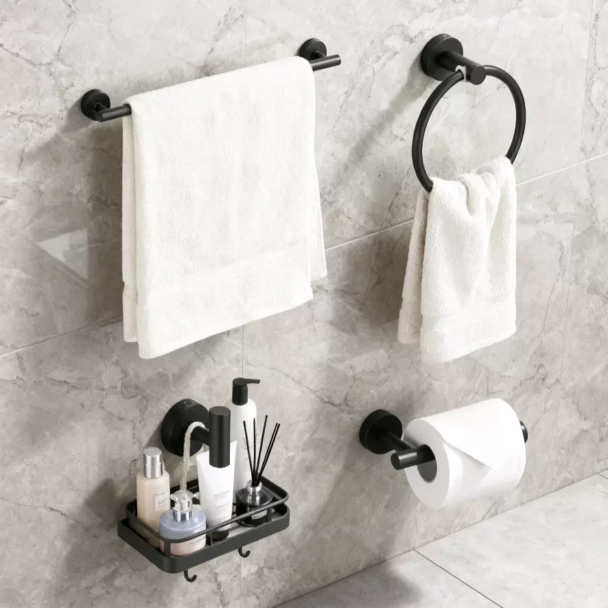 跨境毛巾架不锈钢外贸毛巾杆浴室衣帽钩黑色纸巾架毛巾环卫浴套装