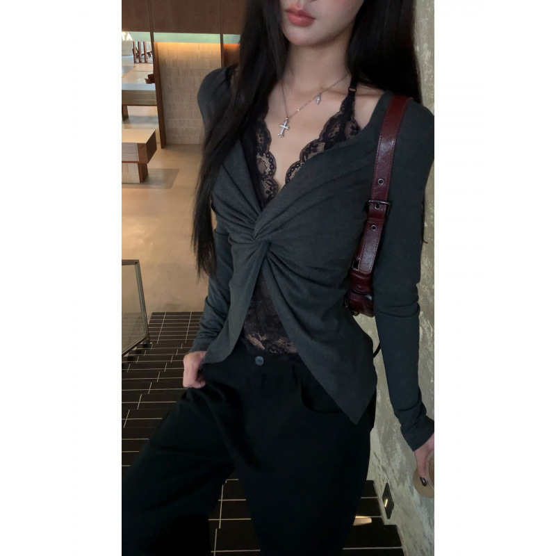 法式纯欲风蕾丝拼接纽结长袖t恤女早秋收腰显瘦假两件打底衫上衣|undefined
