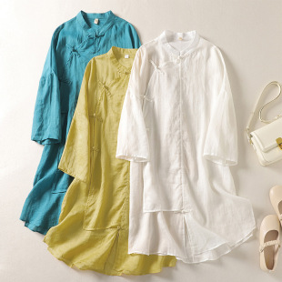 Real Shot Cotton and Linen Women's Artistic Retro Buckle Mid-length Loose plus size Ramie Shirt Ethnic Style