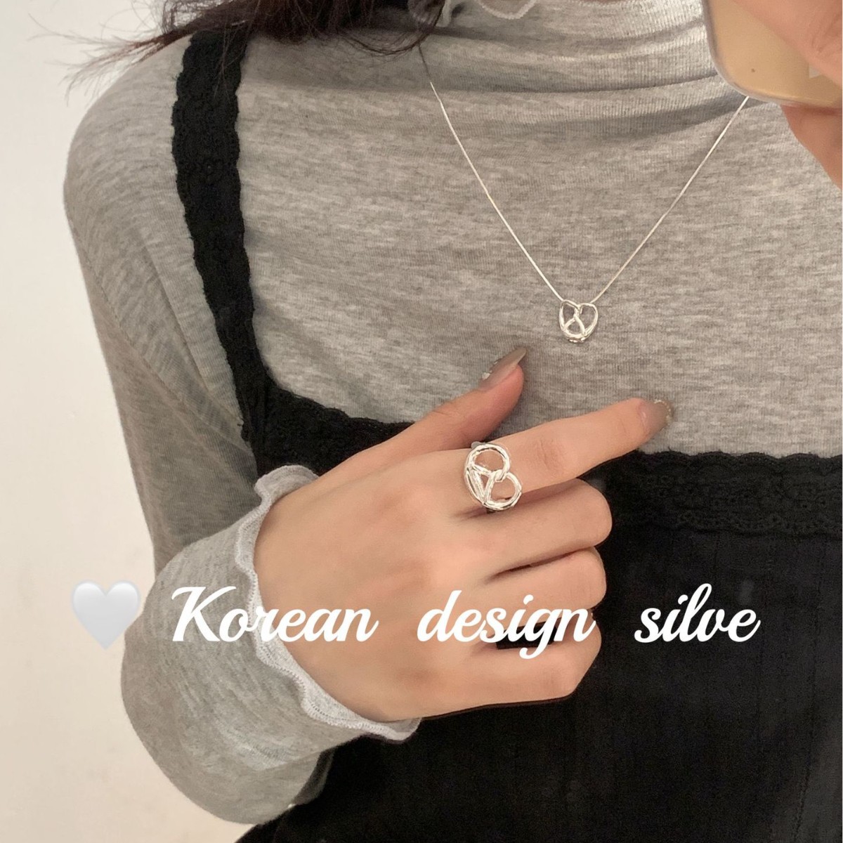 韓國ins個性精緻設計銀飾 S925純銀綁結不規則愛心戒指開口指環女