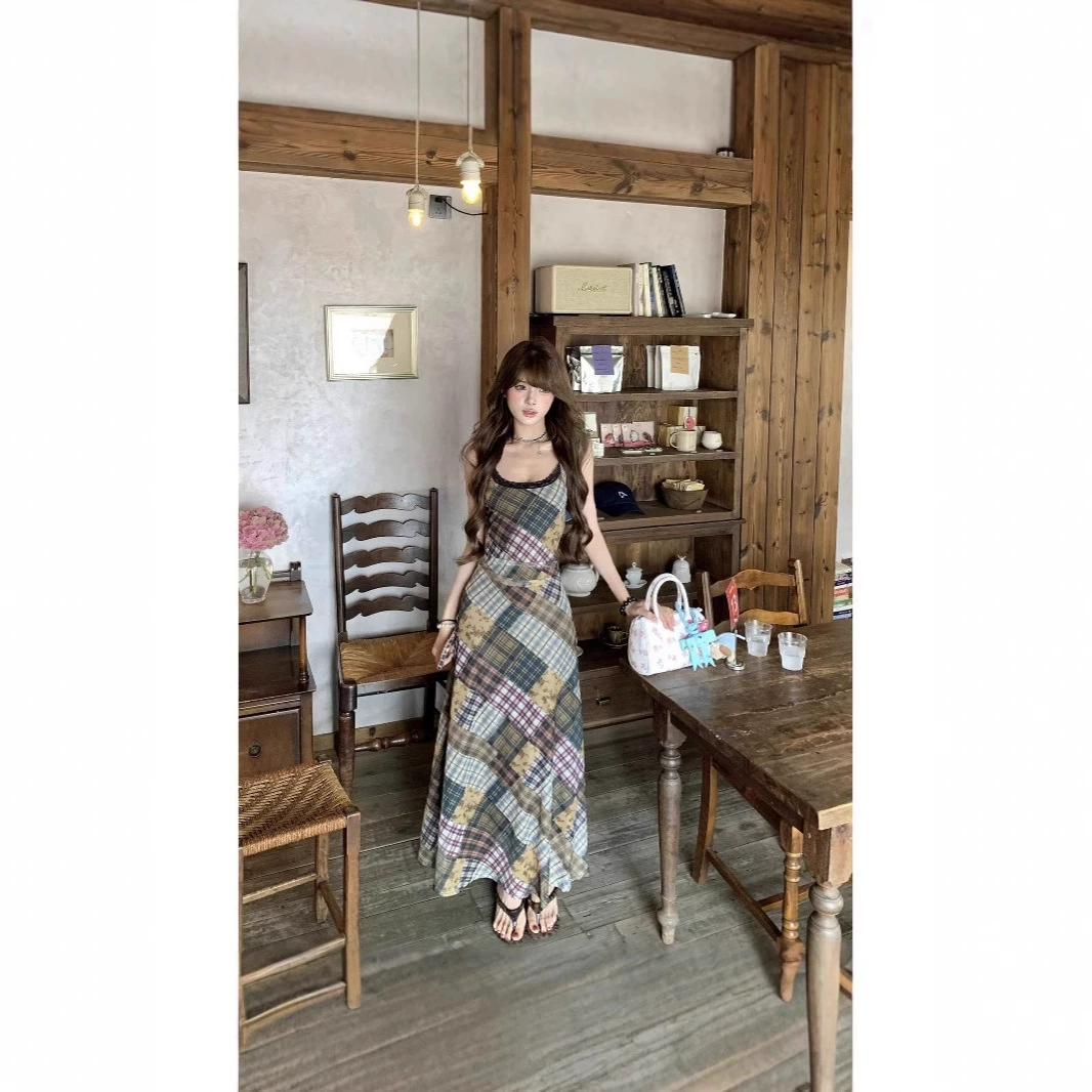 Французское ретро-платье в клетку с цветными блоками и принтом для женщин, летняя новая кружевная тонкая юбка на подтяжках