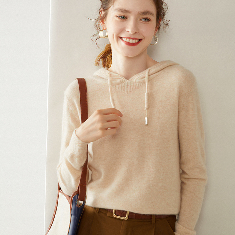 Hooded cashmere sweater autumn new women's 12-pin wool knitted bottoming shirt gentle wind loose slimming outer sweater