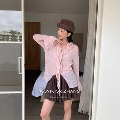 CZ ZHANG秋季法式花边拼接v领做旧质感微透小众纯色衬衫女B33516