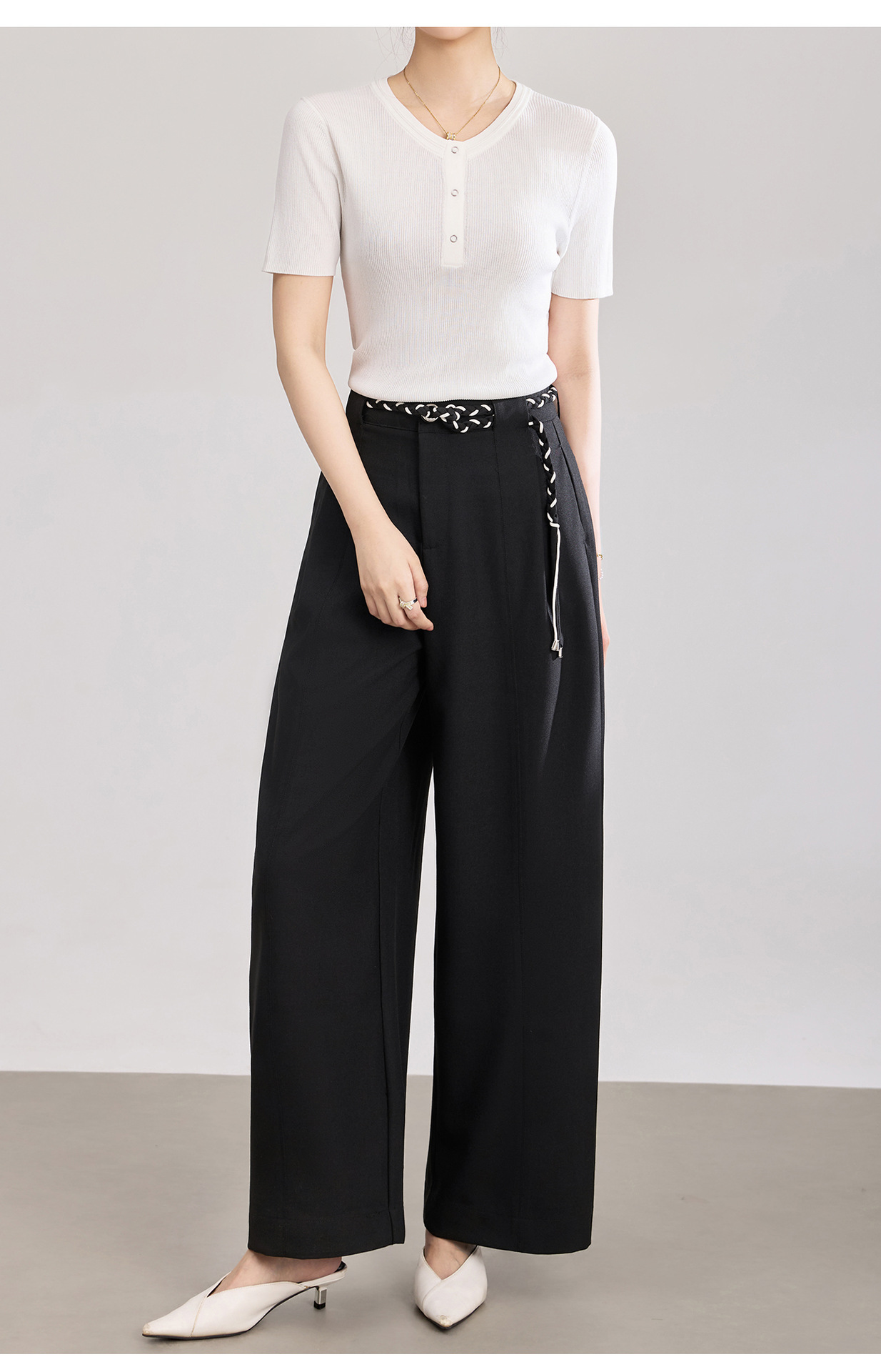Quần culottes nữ ống rộng cạp cao kèm thắt lưng dệt bản to — màu đen chi tiết 19