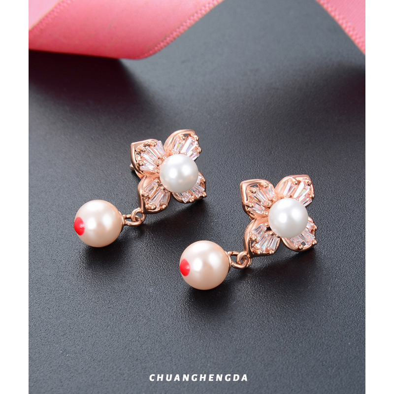 S925 plata, perlas de oro, tetrahedron, pendientes de orejas, aretes de zircón suaves coreanos, estilo retro