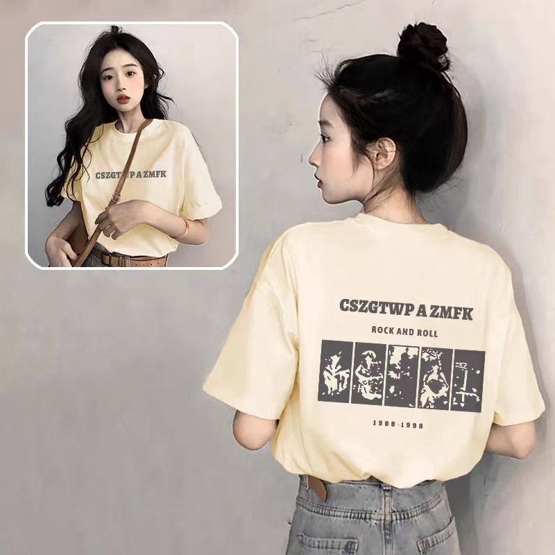 ピュアコットンブラックラウンドネック半袖レディースTシャツ2025新しいホットスタイル夏ルーズアメリカンプリントトップTシャツトレンディ