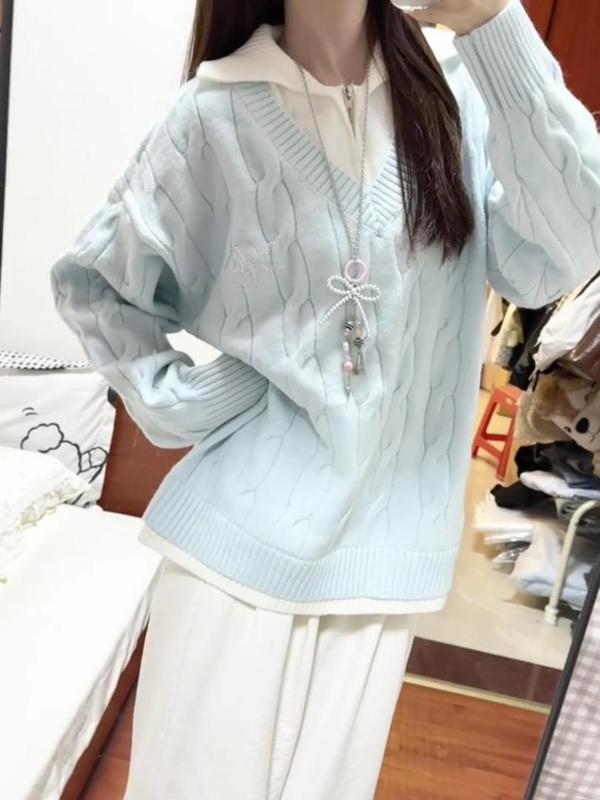 蓝色假两件翻领麻花毛衣女秋冬宽松慵懒风加厚时尚外穿针织衫上衣|undefined