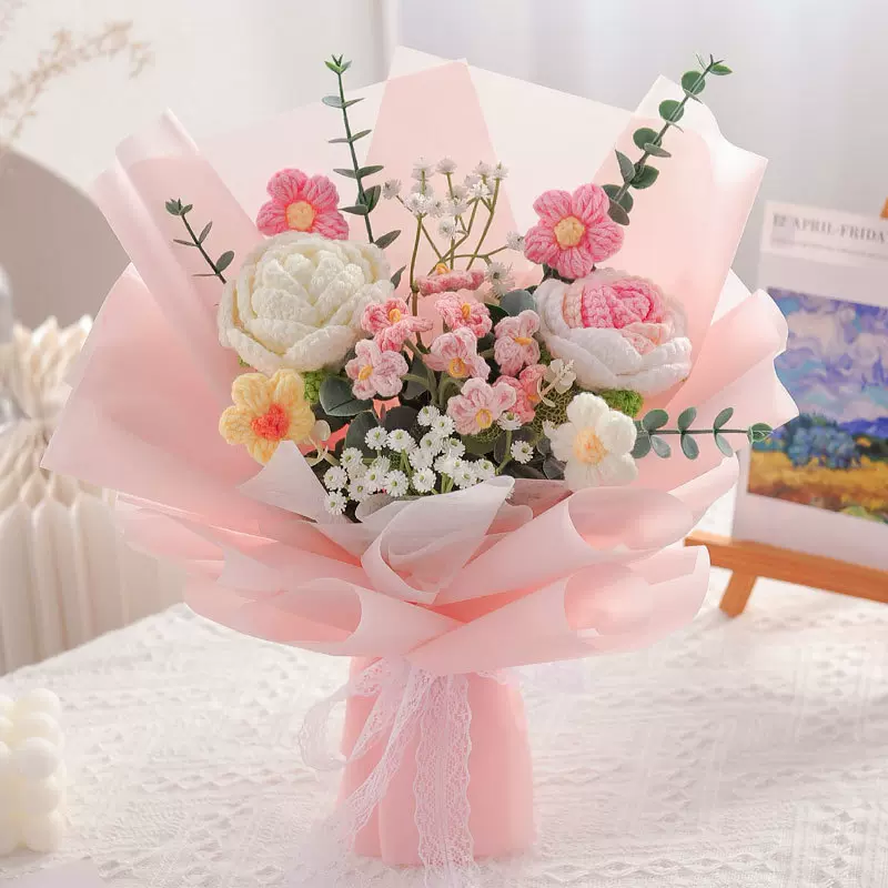 跨境亚马逊针织花束玫瑰仿真花七夕情人节送女友表白成品生日代发