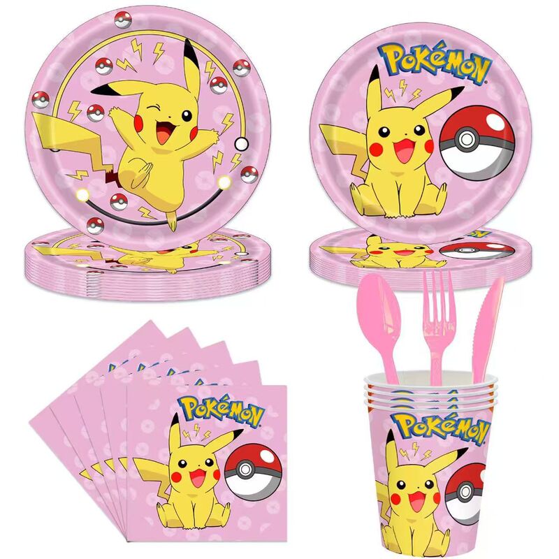 Pink Pikachu Party Disposable Decorative Tableware 7inch Plates 9inch Paper Cups Straws Knives Forks Spoons