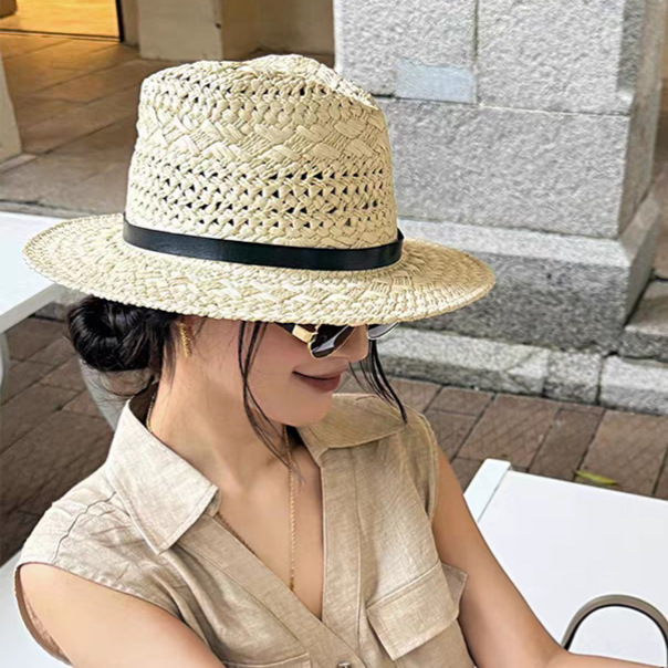 复古老钱风平顶草帽女夏镂空遮阳防晒帽子海边沙滩度假草编太阳帽|undefined