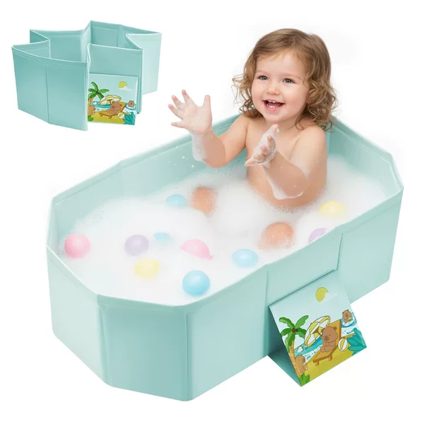 Newborn Baby Bathtub PVC Composite Fabric Foldable Baby Bath Tub with Non-Slip Base and Drain Plug Portable