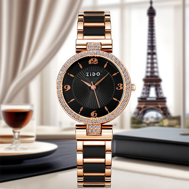 Relógio de quartzo elegante para mulher com detalhes de diamante_voghion.com