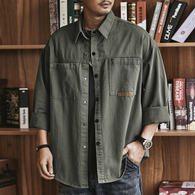 American-Style Heavyweight Pure Cotton Work Shirt for Men, New Spring and Autumn Loose Casual Top, Trendy Long-Sleeve Shirt for Men